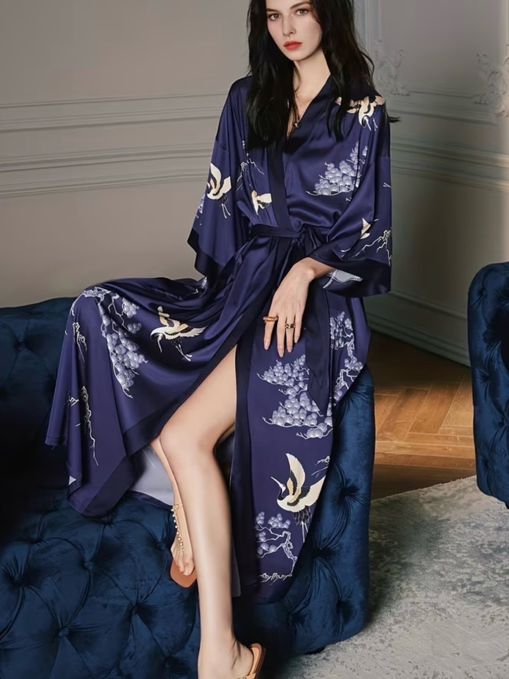 Women's Navy Floral Satin Kimono Robe with Belt